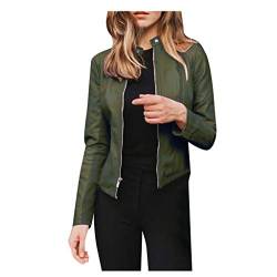 CSKJ Herbst Jacken Für Damen - Lederjacke Damen Kurz Jacke Übergangsjacke aus Kunstleder mit Reißverschluss für Herbst Winter Frühling, Armeegrün, S von CSKJ