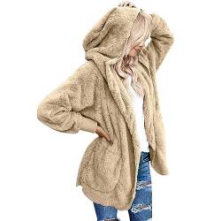 CSKJ Herbstmantel Damen - Damen Mantel Plüschjacke Hoodie Jacke Oversize Wintermantel Kurzmantel Warm Cardigan Kapuzenjacke Winterjacke mit Taschen, Beige, XXL von CSKJ