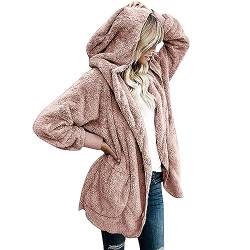 CSKJ Hoodie - Damen Mantel Plüschjacke Hoodie Jacke Oversize Wintermantel Kurzmantel Warm Cardigan Kapuzenjacke Winterjacke mit Taschen, Rosa, XL von CSKJ