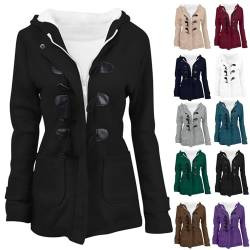 CSKJ Jacke Damen Herbst - Plüsch Jacken für Damen Hornknöpfe Winter Plüschjacke Hoodie Jacke Warm Gefüttert Mantel Wintermantel Teddyjacke Teddyfell Dicker Fleecejacke Winterjacke, schwarz, XL von CSKJ