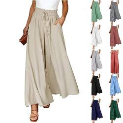 CSKJ Jogahosen Damen Lang - Sommerhose Damen Leicht Lässige Palazzo Hose High Waist Einfarbig Freizeithose Baumwolle Leinen Hosen mit Taschen Kordelzug Baggy Elastisch Stoffhose, Beige, M von CSKJ