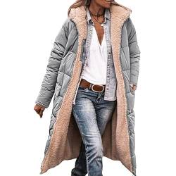 CSKJ Kapuzenjacke Damen Damen Warm Wintermäntel Reversibel Sherpa Fleece Lang Pufferjacken mit Kapuze Frauen Oberbekleidung Outdoorjacke Steppjacke Steppmantel, Grau, XL von CSKJ