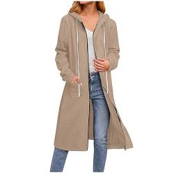 CSKJ Outlet Sale - Damen Lange Hoodie Zip Sweatjacke Langarmshirt Kapuzenpullover mit Reißverschluss Sweatshirtjacke Pullover Oberteile Kapuzenpullover mit Tasche, Khaki, L von CSKJ