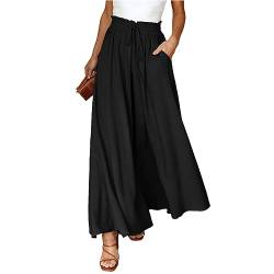 CSKJ Sale Damen - Sommerhose Damen Leicht Lässige Palazzo Hose High Waist Einfarbig Freizeithose Baumwolle Leinen Hosen mit Taschen Kordelzug Baggy Elastisch Stoffhose, Schwarz, XXL von CSKJ