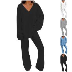 CSKJ Sale Schlafanzug Damen Lang Pyjamas Set Winter Warm Pyjamas Frauen Baumwolle Zweiteiliger Pjs Sets V-Ausschnitt Nachtwäsche Langarm Hausanzug Lange Pyjamashose, schwarz, M von CSKJ