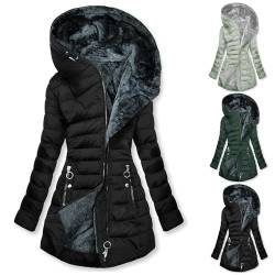 CSKJ Steppjacke Damen Warmer Lang Winterjacke Gefüttert Fleece Daunenjacke Baumwolle Elegant Pufferjacke Langarm Casual Fleecejacke mit Kapuze Wintermantel Winter Outdoor Trachtenjacke von CSKJ