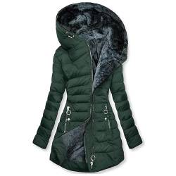 CSKJ Steppjacke Damen Warmer Lang Winterjacke Gefüttert Fleece Daunenjacke Baumwolle Elegant Pufferjacke Langarm Casual Fleecejacke mit Kapuze Wintermantel Winter Outdoor Trachtenjacke von CSKJ