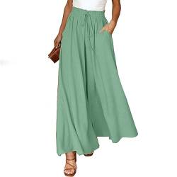 CSKJ Trekkinghose Damen - Sommerhose Damen Leicht Lässige Palazzo Hose High Waist Einfarbig Freizeithose Baumwolle Leinen Hosen mit Taschen Kordelzug Baggy Elastisch Stoffhose, Grün, XXL von CSKJ