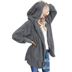 CSKJ Übergangsjacke Mädchen - Damen Mantel Plüschjacke Hoodie Jacke Oversize Wintermantel Kurzmantel Warm Cardigan Kapuzenjacke Winterjacke mit Taschen, A7_Dunkelgrau, 3XL von CSKJ