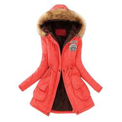 CSKJ Übergangsjacke - Winterjacke Damen Lang Warm Gefüttert Plüschjacke Hoodie Jacke Oversize Mantel Wintermantel Teddyjacke Slim Cardigan Kapuzenjacke mit Taschen S-5XL, Wassermelonenrot, XXL von CSKJ