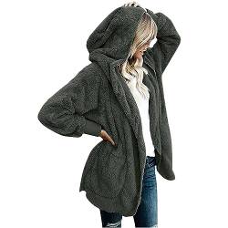 CSKJ Zip Hoodie Y2K - Damen Mantel Plüschjacke Hoodie Jacke Oversize Wintermantel Kurzmantel Warm Cardigan Kapuzenjacke Winterjacke mit Taschen S-5XL, Armeegrün, XL von CSKJ