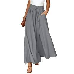 Capri Hosen Für Frauen Sommer - Sommerhose Damen Leicht Lässige Palazzo Hose High Waist Einfarbig Freizeithose Baumwolle Leinen Hosen mit Taschen Kordelzug Baggy Elastisch Stoffhose, Dunkelgrau, L von CSKJ