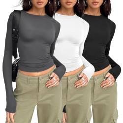 Clean Girl Aesthetic Clothes Langarmshirt Slim Fit Damen Y2K Oberteile Langarm Shirts Rundhals Cropped Tee Einfarbig Basic Crop Tops Casual Athletisches Top Teenager Streetwear von CSKJ