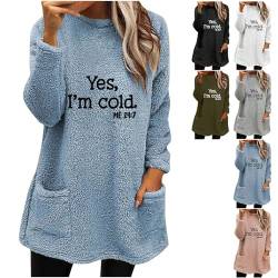 Cosplay Damen Teddy Fleece Sweatshirt mit Taschen Warmes Sherpa Gefüttertes Pullover Winter Casual Langarmshirt Oberteile Einfarbig Thermounterwäsche, Hellblau, S von CSKJ