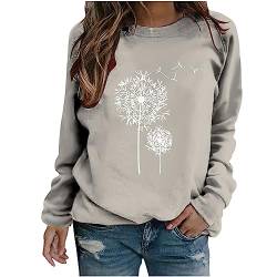 Damen Bluse - Pullover Damen Sweatshirt Pusteblume Drucken Langarm Rundhals Pulli Herbst Winter Frauen Locker Casual Oberteil Sport Streetwear Sweatshirts ohne Kapuze Bluse Tops, Grau, L von CSKJ