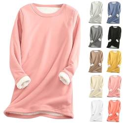 Damen Pullover Winter - Damen Teddy Fleece Sweatshirt Warme Sherpa Gefüttertes Pullover Herbst Winter Casual Pulli Langarmshirt Oberteile Tops Einfarbig Thermounterwäsche, Wassermelone rot, 5XL von CSKJ