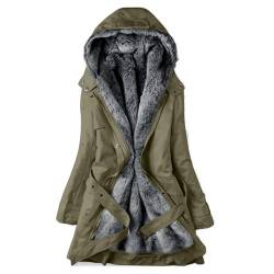 Dicke Winterjacke Damen - Mantel Frauen Wintermantel Warme Winter Jacke Lange Mäntel Einfarbig Winterjacke mit Kapuze Gefüttert Teddyfell Dicker Fleecejacke Outdoorjacke Winterparka, armeegrün, L von CSKJ