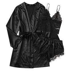 Dirndl Sale Satin Pyjama Set Damen Kurz 3-teiliges Schlafanzug Kurzarm Nachtwäsche Cami and Shorts Set Frauen Kurze Robe mit Gürtel Hausanzug Loungewäsche Schlafanzüge, schwarz, L von CSKJ