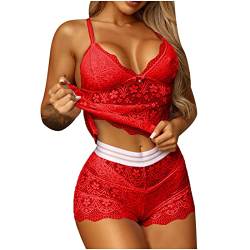 Discounter Schlafanzug Damen Sexy Pyjama Set Nachtwäsche Kurz Hausanzug Spitzen Cami Top und Shorts Negligee V-Ausschnitt Loungewäsche Sleepwear Schlafanzüge, rot, L von CSKJ