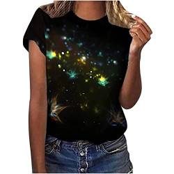 Flitterwochen Angebote - Tshirt Damen Galaxie Drucken Damen Bluse Kurzarm Rundhalsausschnitt T-Shirt Damen Locker Frauen Oberteile Sommer Alltag Crop Top Teenager Mädchen Kleidung, Schwarz, XXL von CSKJ