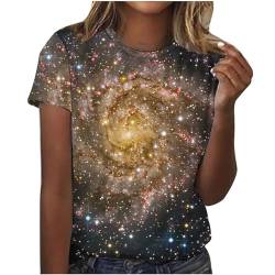 Galaxy Druck Ausgefallene Tshirt Damen Baumwolle Oberteile Langarmshirt V Ausschnitt Oberteil Lose T-Shirt Lässig Pullover Sweatshirt Basic Tshirt Tunika Top Bluse Einfarbig Casual T-Shirts von CSKJ