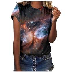 Galaxy Druck Ausgefallene Tshirt Damen Baumwolle Oberteile Langarmshirt V Ausschnitt Oberteil Lose T-Shirt Lässig Pullover Sweatshirt Basic Tshirt Tunika Top Bluse Einfarbig Casual T-Shirts von CSKJ