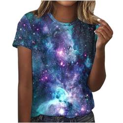 Galaxy Druck Ausgefallene Tshirt Damen Lässige Oberteile Pullover T-Shirt Einfarbiges Basic Shirt Rundhals Kurzarm Sommer Tops Lockere All-Match Tunika Bluse Laufshirt Sportshirt von CSKJ