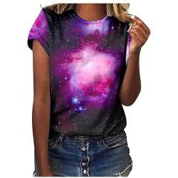 Galaxy Druck Tshirt Damen Ausgefallene Tshirt Lässige Oberteile Pullover T-Shirt Einfarbiges Basic Shirt Rundhals Kurzarm Sommer Tops Lockere All-Match Tunika Bluse Laufshirt Sportshirt von CSKJ