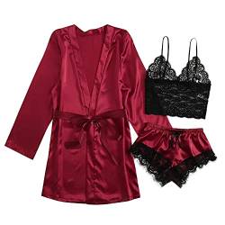 Gutschein Amazon Satin Pyjama Set Damen Kurz 3-teiliges Schlafanzug Kurzarm Nachtwäsche Cami and Shorts Set Frauen Kurze Robe mit Gürtel Hausanzug Loungewäsche Schlafanzüge, Wein, XL von CSKJ