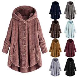 Jacke Damen Herbst - Plüschjacke Damen Wollmantel Teddy Fleecejacke Winterjacke Lang Warm Gefüttert Fleecemantel Lässige Kuscheljacke Flauschig Wintermantel Kapuzenjacke mit Taschen Knopf, Rosa, 3XL von CSKJ