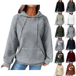 Jacken Damen Sale Übergang - Kapuzenpullover Damen Vintage Waffel Pullover mit Kapuze Sweatshirt Casual Langarm Hoodie Langarmshirt Baumwolle Sport Kapuzenpulli Herbst Winter Warm Outwear, Grau, L von CSKJ