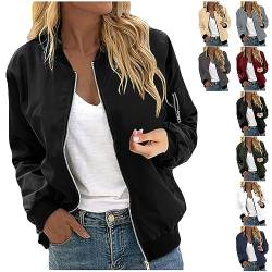 Leichte Steppjacke - Damen Bomberjacke Casual Kurze Pilotenjacke Langarm Outwear Zip Up Bomber Jacket Solid Leichte Coat Herbst Sweatjacke Frühling Übergangsjacke, Schwarz, XL von CSKJ