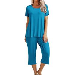 Nachthemd Damen Sexy Schlafanzüge Damen Loungewäsche Kurz Nachtwäsche Pyjama Set Kurzarm Top Schlafanzug mit 3/4 Lang Schlafhose Zweiteiliger Pjs Sets Sleepwear Schlafanzughosen, dunkelblau, XL von CSKJ