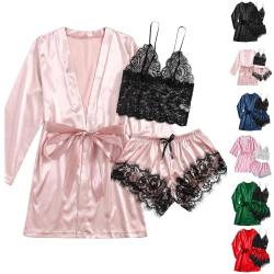 Negligee Satin Pyjama Set Damen Kurz 3-teiliges Schlafanzug Kurzarm Nachtwäsche Cami and Shorts Set Frauen Kurze Robe mit Gürtel Hausanzug Loungewäsche Schlafanzüge, rosa, M von CSKJ