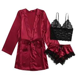 Outlet - Sale Satin Pyjama Set Damen Kurz 3-teiliges Schlafanzug Kurzarm Nachtwäsche Cami and Shorts Set Frauen Kurze Robe mit Gürtel Hausanzug Loungewäsche Schlafanzüge, Wein, S von CSKJ