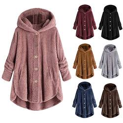 Oversize Hoodie Damen - Teddy Mantel Damen Plüschjacke Fleecejacke Winterjacke Lang Warm Gefüttert Fleecemantel Lässige Kuscheljacke Flauschig Wintermantel Knopf Kapuzenjacke mit Taschen, Rosa, XL von CSKJ