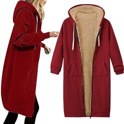 Oversized Hoodie - Winterjacke Damen Teddy Fleecejacke Warm Gefüttert Winter Plüschjacke Lang Einfarbig Winterpullover Hooded Jacke Casual Kapuzenpullover mit Tasche, Rot, XXL von CSKJ