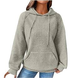 Parka Damen - Kapuzenpullover Damen Vintage Waffel Pullover mit Kapuze Sweatshirt Casual Langarm Hoodie Langarmshirt Baumwolle Sport Kapuzenpulli Herbst Winter Warm Outwear, Beige, L von CSKJ