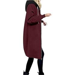 Pullover Damen Herbst - Winterjacke Damen Teddy Fleecejacke Warm Gefüttert Winter Plüschjacke Lang Einfarbig Winterpullover Hooded Jacke Casual Kapuzenpullover mit Tasche, Wein, S von CSKJ