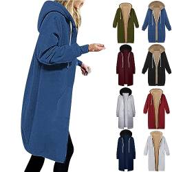 Pullover Damen Winter - Winterjacke Damen Teddy Fleecejacke Warm Gefüttert Winter Plüschjacke Lang Einfarbig Winterpullover Hooded Jacke Casual Kapuzenpullover mit Tasche, Blau, L von CSKJ