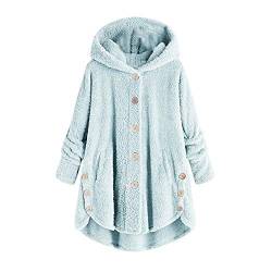 Pullover Mädchen - Plüschjacke Damen Wollmantel Teddy Fleecejacke Winterjacke Lang Warm Gefüttert Fleecemantel Lässige Kuscheljacke Flauschig Wintermantel Kapuzenjacke mit Taschen Knopf, Blau, XL von CSKJ