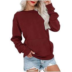 Pullover für Damen Sweatshirts Damen Rundhals Langarmshirt Herbst Winter Pullover Casual Basic Oberteile Tops mit Taschen S-2XL, Wein, M von CSKJ