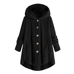 Pullover & Strickjacken Für Damen - Teddy Mantel Damen Plüschjacke Fleecejacke Winterjacke Lang Warm Gefüttert Fleecemantel Lässige Kuscheljacke Flauschig Wintermantel Knopf Kapuzenjacke, Schwarz, L von CSKJ