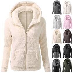 Steppjacke Damen Übergangsjacke - Fleecejacke Damen Kapuzenpullover Hoodie mit Zipper Teddyjacket Sweatshirt Basic Kapuzenjacke Causal Sweatjack Plüschjack Jacket Winter Warm Hoodies, beige, L von CSKJ