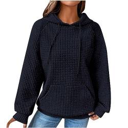 Sweater Damen - Kapuzenpullover Damen Vintage Waffel Pullover mit Kapuze Sweatshirt Casual Langarm Hoodie Langarmshirt Baumwolle Sport Kapuzenpulli Herbst Winter Warm Outwear, Marineblau, S von CSKJ