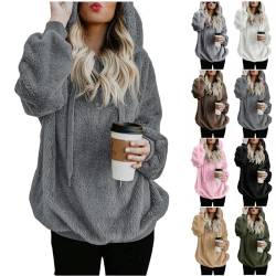 Sweatshirt Damen - Hoodie Damen Kapuzenpullover Teddy-Fleece Pullover Herbst Winter Warm Oberteil Langarm Einfarbig Casual Sweatshirt Hoodie Plüschjacke, dunkelgrau, M von CSKJ