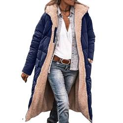 Teddy Mantel Damen Damen Warm Wintermäntel Reversibel Sherpa Fleece Lang Pufferjacken mit Kapuze Frauen Oberbekleidung Outdoorjacke Steppjacke Steppmantel, Blau, L von CSKJ