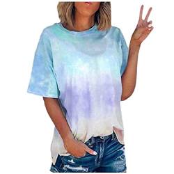 Tie Dye Druck Tshirt Damen Lässige Oberteile Pullover T-Shirt Einfarbiges Basic Shirt Rundhals Kurzarm Sommer Tops Lockere All-Match Tunika Bluse Laufshirt Sportshirt von CSKJ