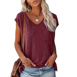 Tshirt Damen Einfarbig T-Shirt Kurzarm V-Ausschnitt Flügelärmeln Oberteile Blusen Sommer Casual Lose Tank Top Basic Mädchen Tops von CSKJ