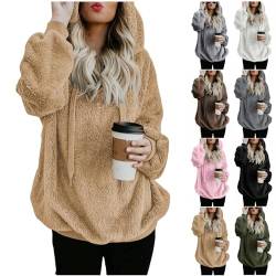 Umstandsjacke Winter - Hoodie Damen Kapuzenpullover Teddy-Fleece Pullover Herbst Winter Warm Oberteil Langarm Einfarbig Casual Sweatshirt Hoodie Plüschjacke, Khaki, 4XL von CSKJ